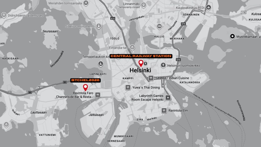 Official BTCHEL travel map showing the venue west of Helsinki Central Railway Station