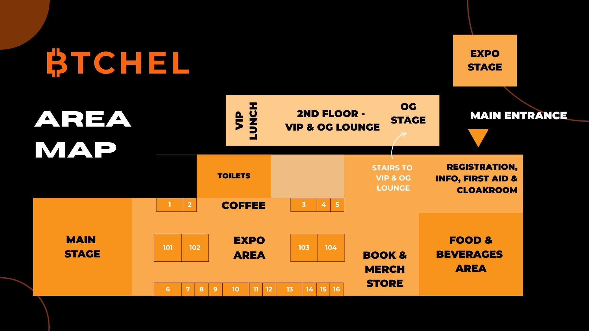BTCHEL area map. Registration, information, first aid and cloakroom are at the main entrance. Main Stage is to the left of the expo area; coffee and toilets are above it; food and beverages and the book and merch store are to the right. Expo Stage is near the entrance. OG Stage and VIP and OG Lounge are on the second floor.